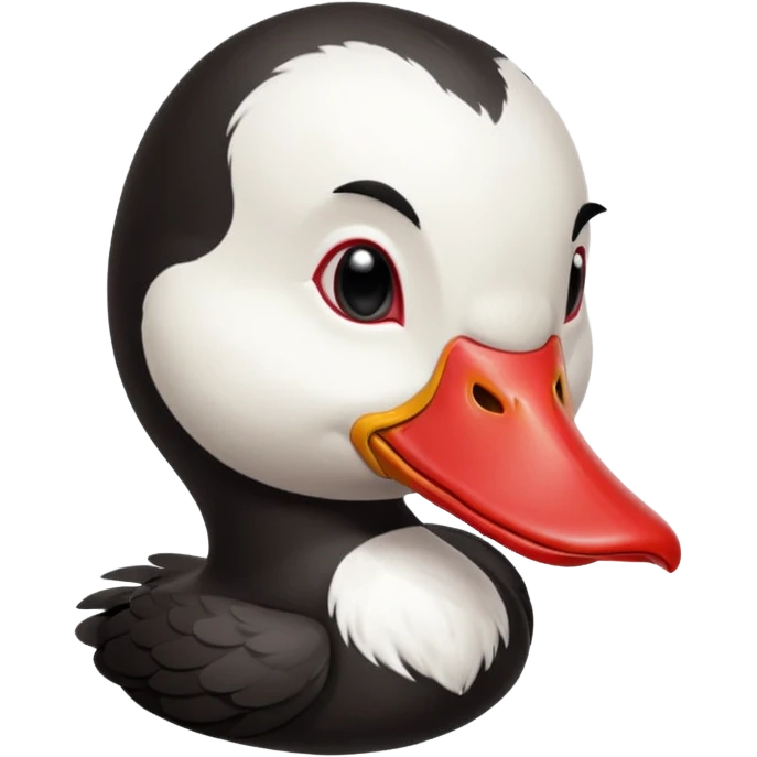 Muscovy Duck, simple emoji style, white and black feathers, red facial caruncles, facing forward emoji