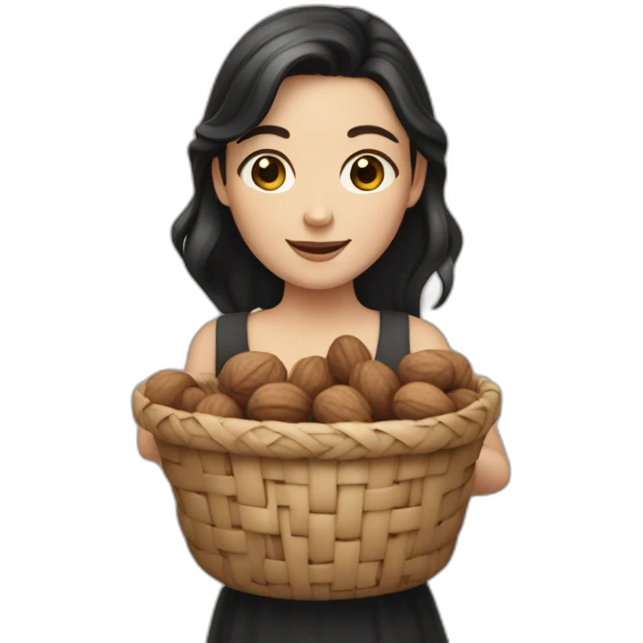 White girl with black and small hair holding a basket of walnuts emoji