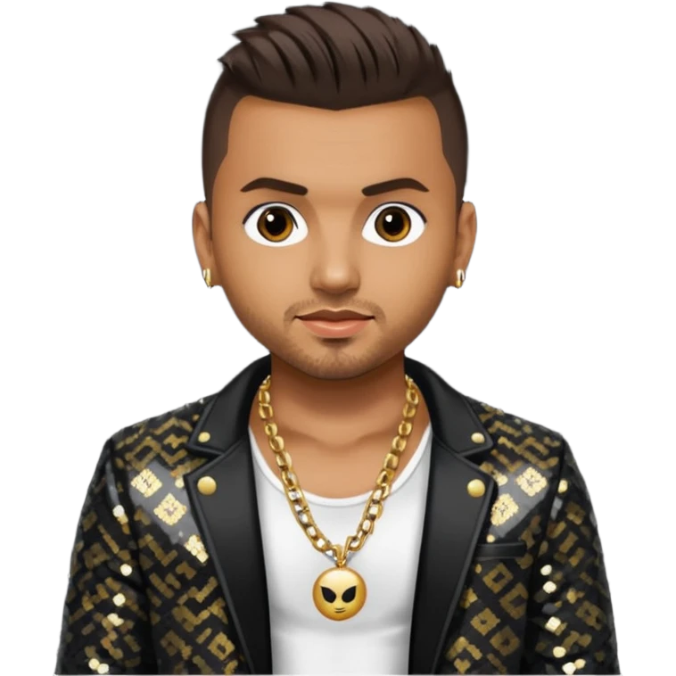 Sean Paul with dark brown hair, black sequin jacket, shirtless with necklace emoji