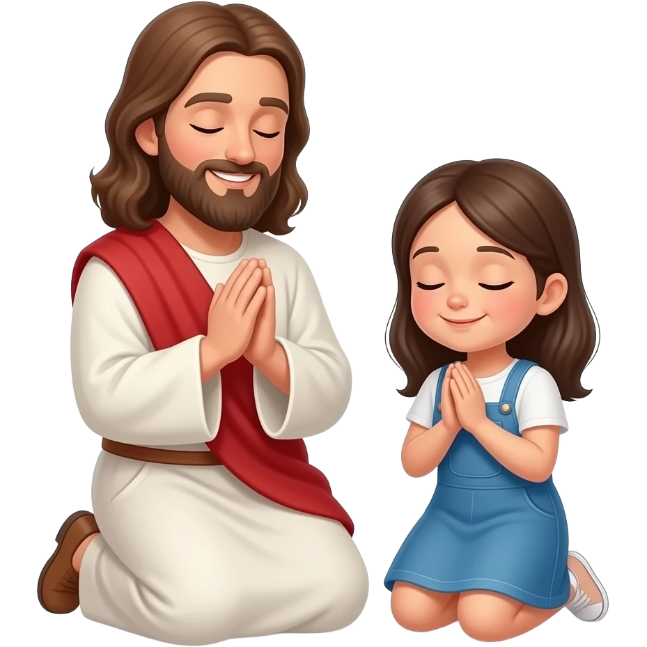 Jesus and and girl praying on their knees together and smiling emoji