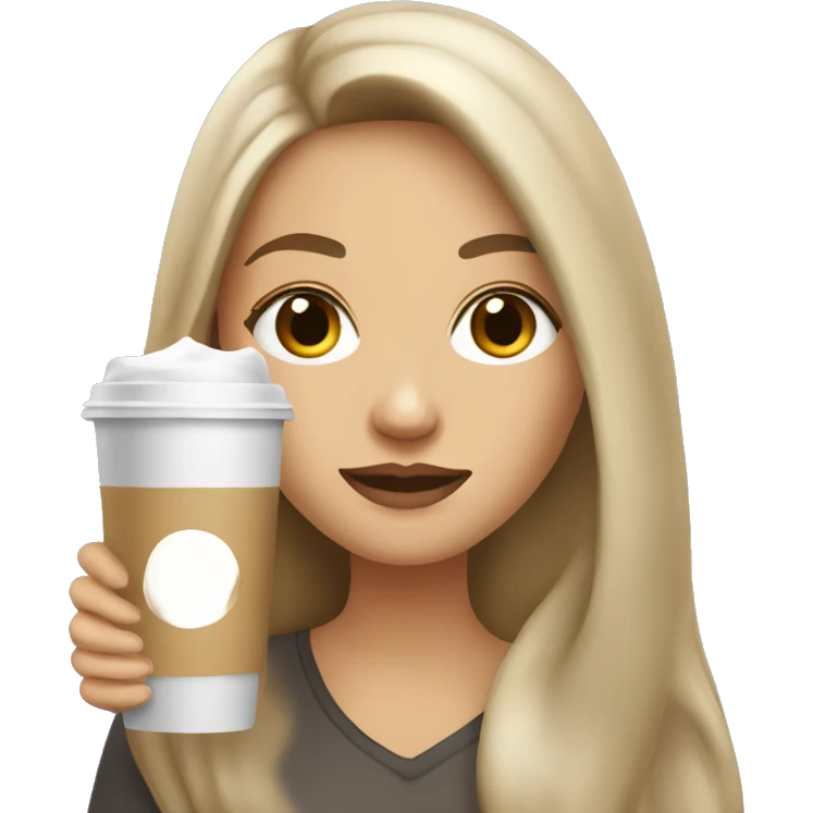 A white and dark blonde woman with long hair, gray eyes, an ice latte in her hand emoji