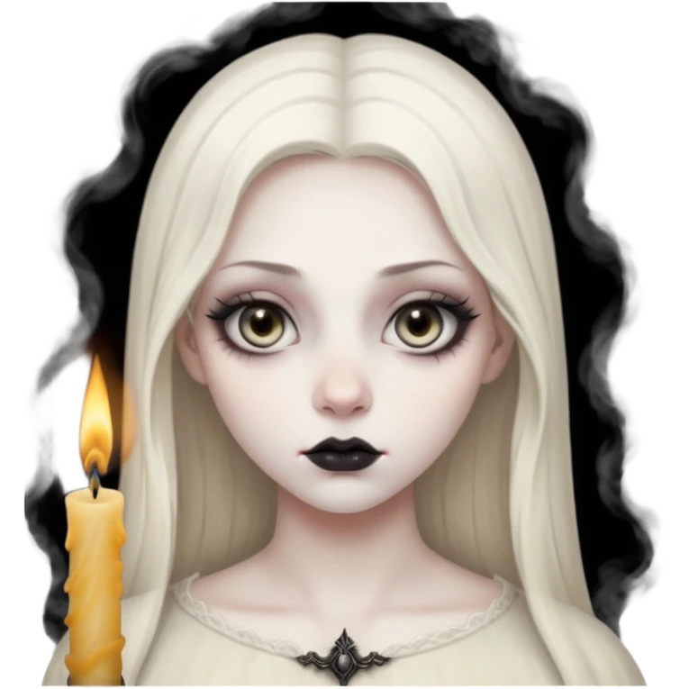 Pale woman with kohl-lined eyes staring through candle smoke, predatory calm, gothic fantasy mood emoji