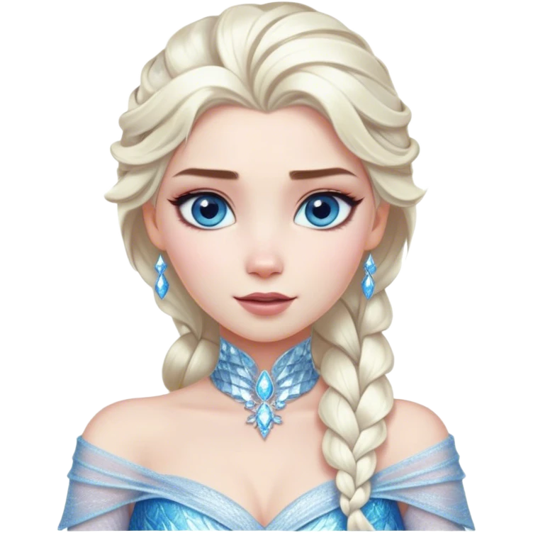 Cinematic Realistic Elsa Portrait, depicted with lifelike skin texture, soft natural lighting, and intricately detailed platinum blonde hair styled elegantly. Her striking, expressive blue eyes exude confidence and grace, complemented by a serene and regal expression. She is dressed in her signature icy attire, with shimmering fabric textures and delicate folds that catch the light beautifully. The portrait features a soft, enchanting glow with a cool, radiant finish, capturing the essence of timeless elegance in a realistic and painterly style, evoking a sense of depth and authenticity. emoji