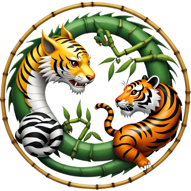 An icon symbolizing Eastern martial arts in the style of an emblem, with a black-and-white Yin-Yang symbol at the center. A dragon and a tiger are placed on either side, representing strength and wisdom. The design includes bamboo and traditional elements. Transparent background emoji