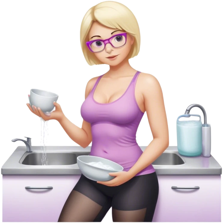 Thick fair skinned woman, short blond hair, small light purple reading glasses, washing dishes, sheer pink tank top, showing natural B cup breast shape SFW, black yoga pants, thick booty emoji
