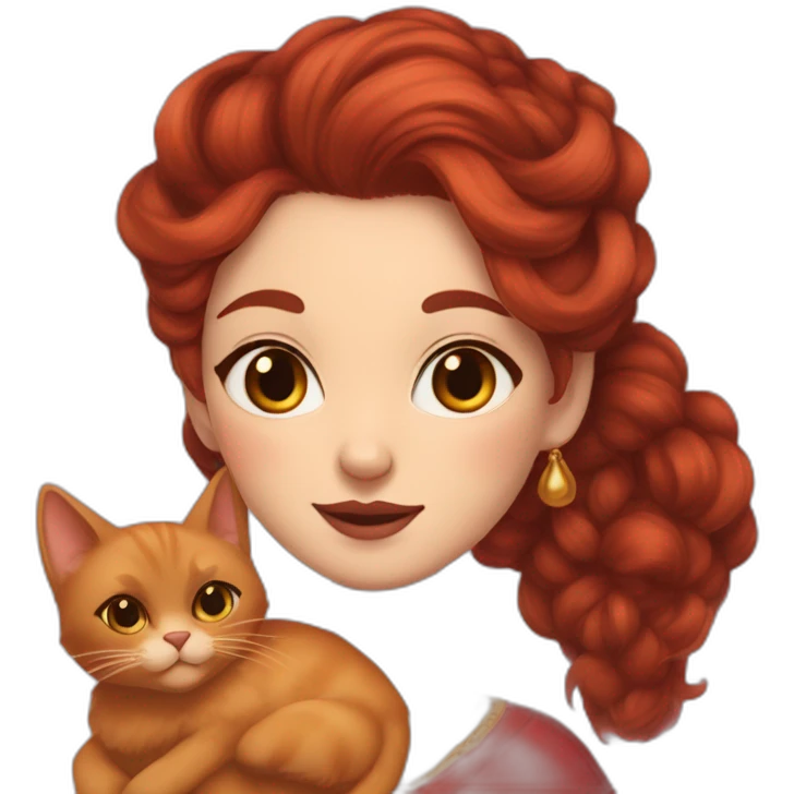 a Tatar woman of slightly swarthy skin with reddish hair up to the waist holds a fluffy red cat emoji