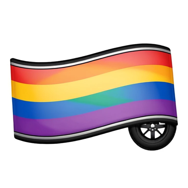 LGBT pride flag background with vibrant colors, black realistic tire skid marks artistically integrated across the flag, high contrast, clear and bold emoji style emoji