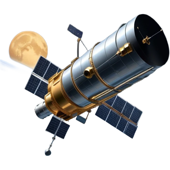 cinematic-realistic-hubble-space-telescope-emoji, an awe-inspiring, ultra-detailed depiction of the Hubble Space Telescope floating in space, its large, reflective metallic surface gleaming against the backdrop of the infinite blackness. The telescope's vast solar panels extend outwards, catching the light from distant stars, while its intricate, cylindrical body showcases advanced, precise engineering. The telescope's large, hexagonal lens is pointed towards the cosmos, surrounded by mechanical components, wires, and sensors. The detailed textures of the telescope’s metallic exterior, the shiny reflective coating, and the intricate grid-like solar panels are sharply contrasted against the void of space, with distant stars and nebulae faintly visible in the background, adding to the sense of scale and te emoji