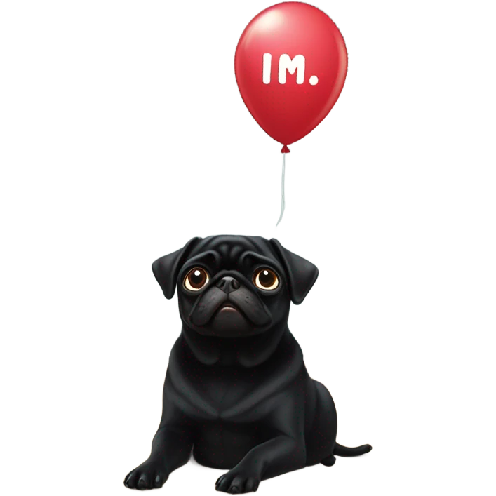 Black pug  and a ballon that says  “I’m sorry” emoji