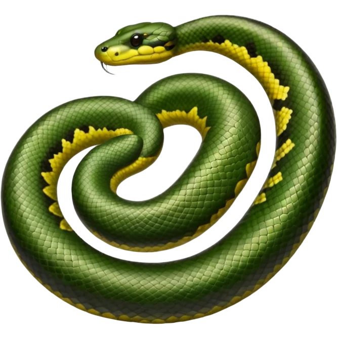 A photo-realistic top-down view of a Green Anaconda tightly coiled in a spiral, with its broad, flat head resting at the center. Its thick, muscular body is olive-green and covered in symmetrical, bold black oval spots that stand out against its smooth scales, creating striking natural camouflage. emoji