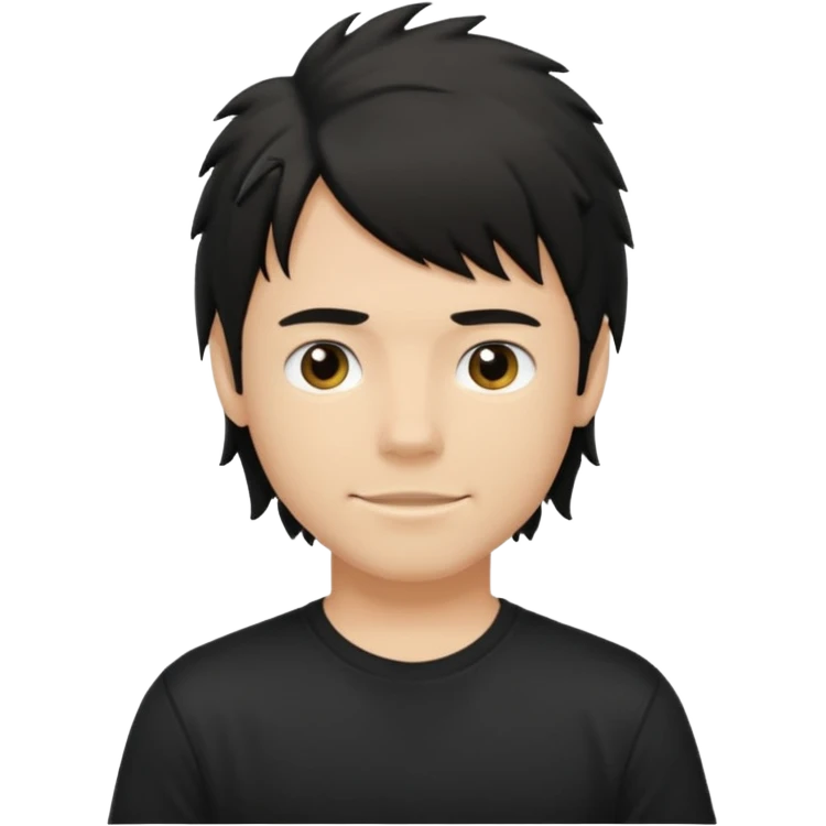 a light tan boy with messy a black mullet. wearing a black tshirt emoji