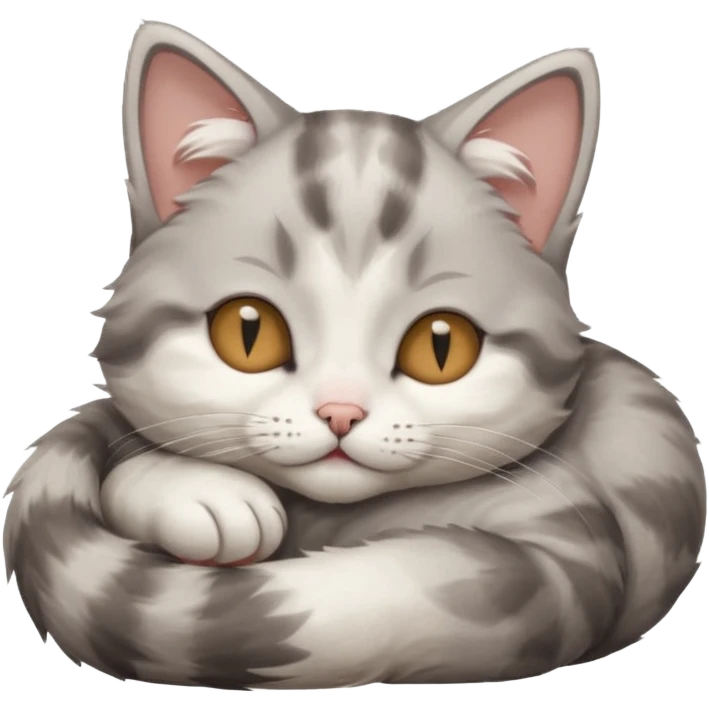 grey and white small cat with its eyes closed lying down with its paw curled and holding up his head emoji