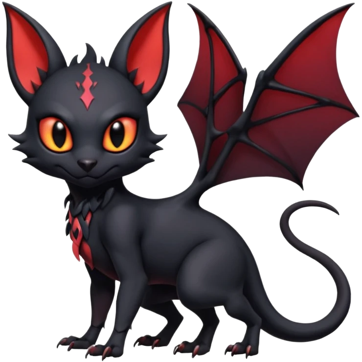 Futuristic Black Cute Dark Abyssal Vampiric Batty Ethereal Modern Salandit-Litten-Noibat-Abyss-Lykoi-Fakémon-creature-hybrid Full Body emoji