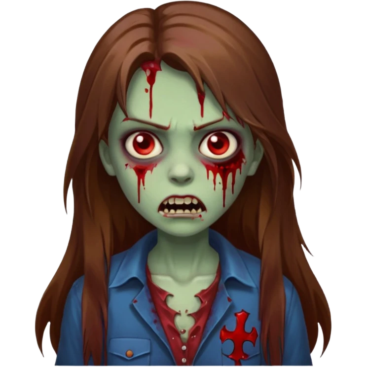 Girl zombie with brown long hair with teeth and serious face emoji