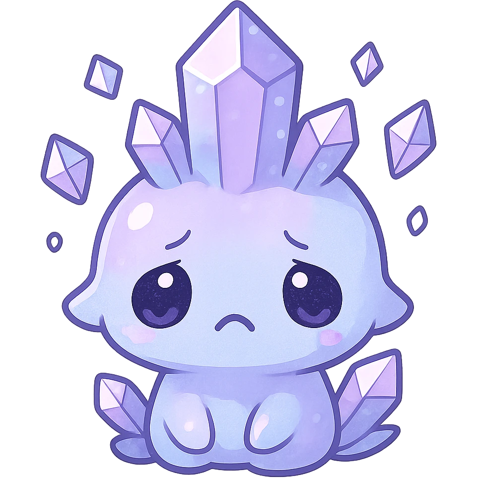 chibi kawaii crystal sprite creature, pastel purple and blue, sad face, surrounded by small floating crystals, very cute emoji