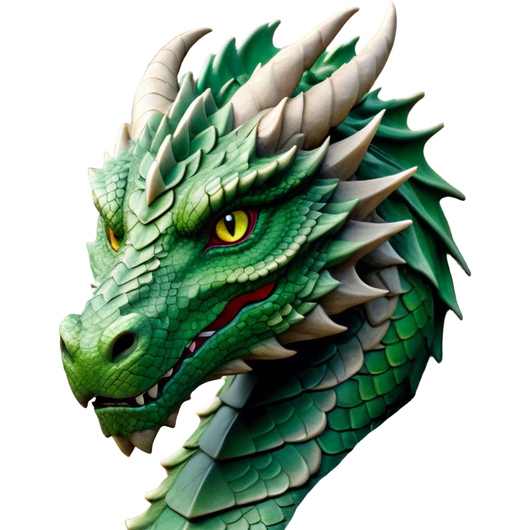Cinematic Noble Giant Green scaled Dragon Portrait Emoji, Poised and awe-inspiring, with a massive, rugged form carved from ancient stone, featuring intricately textured scales that resemble weathered granite and basalt, and piercing, stony eyes echoing the strength of timeless mountains; rendered with lifelike detail and earthy natural highlights, high shine, formidable and grounded, styled with an aura of primordial majesty, focused and resolute, soft glowing outline, capturing the essence of an enduring rock titan ready to surge from the screen with ageless power! emoji