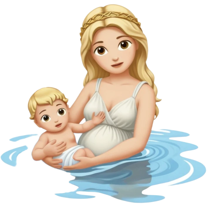 greek goddess dipping baby in river holding baby upside down by ankle emoji