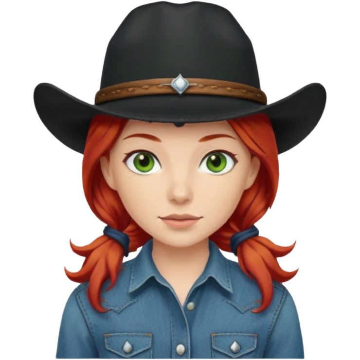 cowgirl with red hair green eyes black hat emoji
