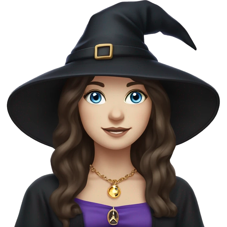 Witchy brunette haired blue eyed white girl with a witty smile a gold necklace and a black witch hat with a purple bow emoji