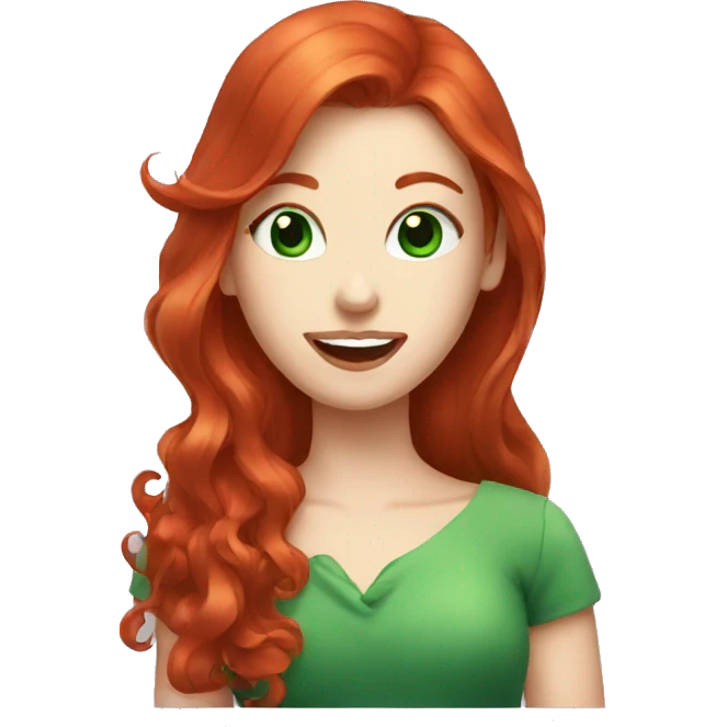 long red hair, green eyes, red lips girl holding a tooth emoji