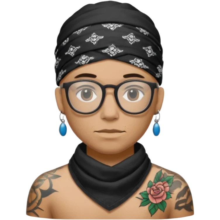 character with bandana and glasses and tattoed emoji