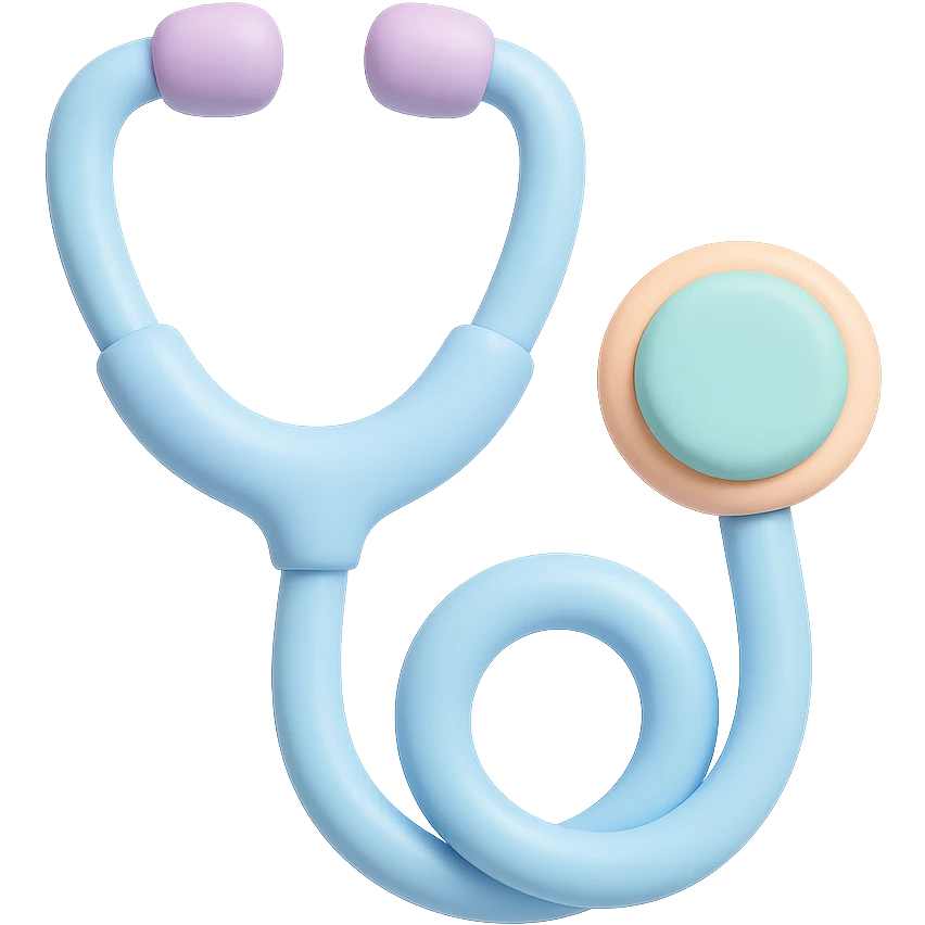 Light blue stethoscope with silver accents in vinyl figure 3D emoji style, coiled tubing, no background. emoji