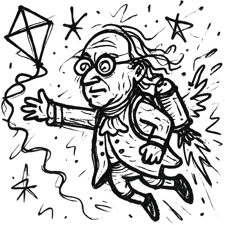 Ben Franklin with jetpack, left hand holding diamond kite, right arm out as if flying, minimalist black outline, slightly chaotic lines emoji