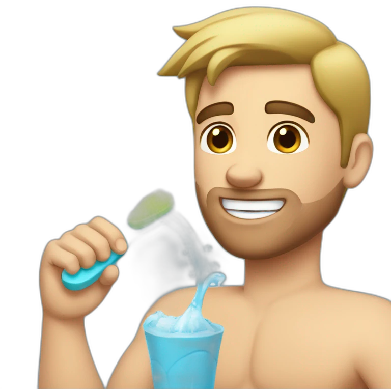 Caucasian guy with dark short hair brushing his teeth shirtless emoji
