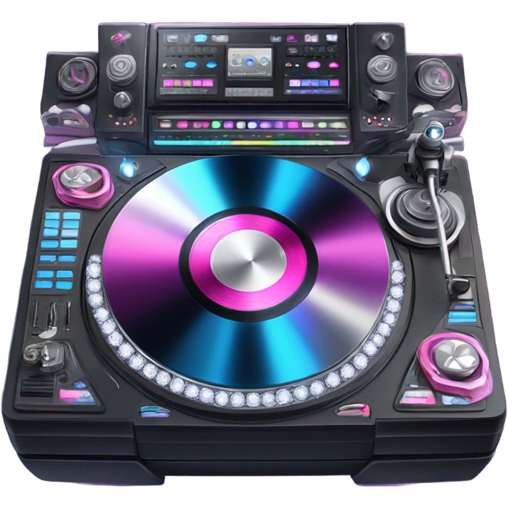 Realistic DJ turntable setup with pink,blue,and purple sparkling diamonds and rhinestones on it. emoji