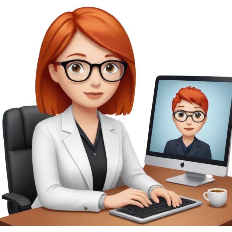 “Red-haired therapist on a video call, sitting in a calm home office, looking at the webcam, client visible on screen, professional yet warm atmosphere, realistic style.” emoji