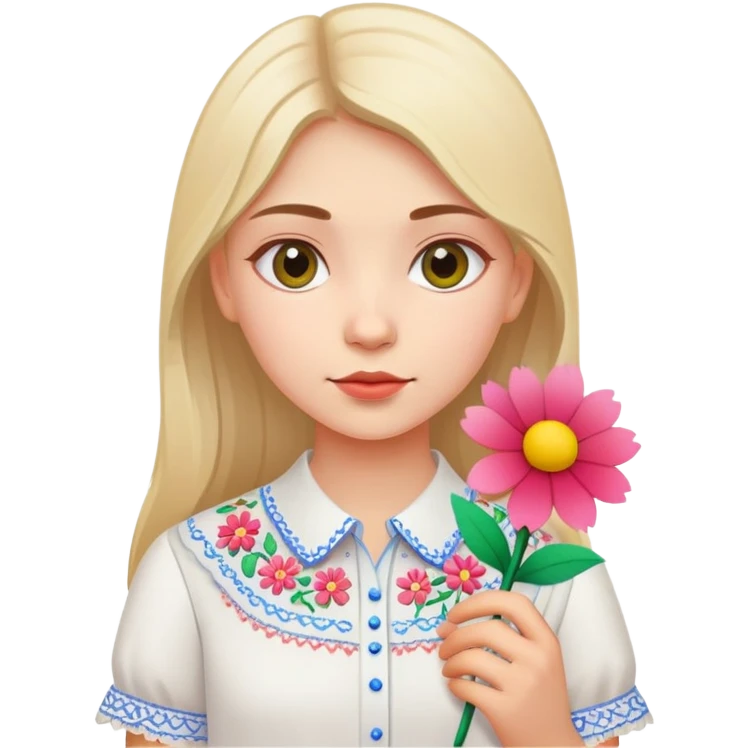 Ukrainian young girl in white embroidered shirt holding colored paper and a flower emoji