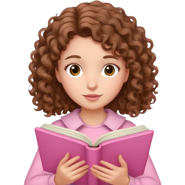 girly character with brown soft curly hair reading a pink book emoji
