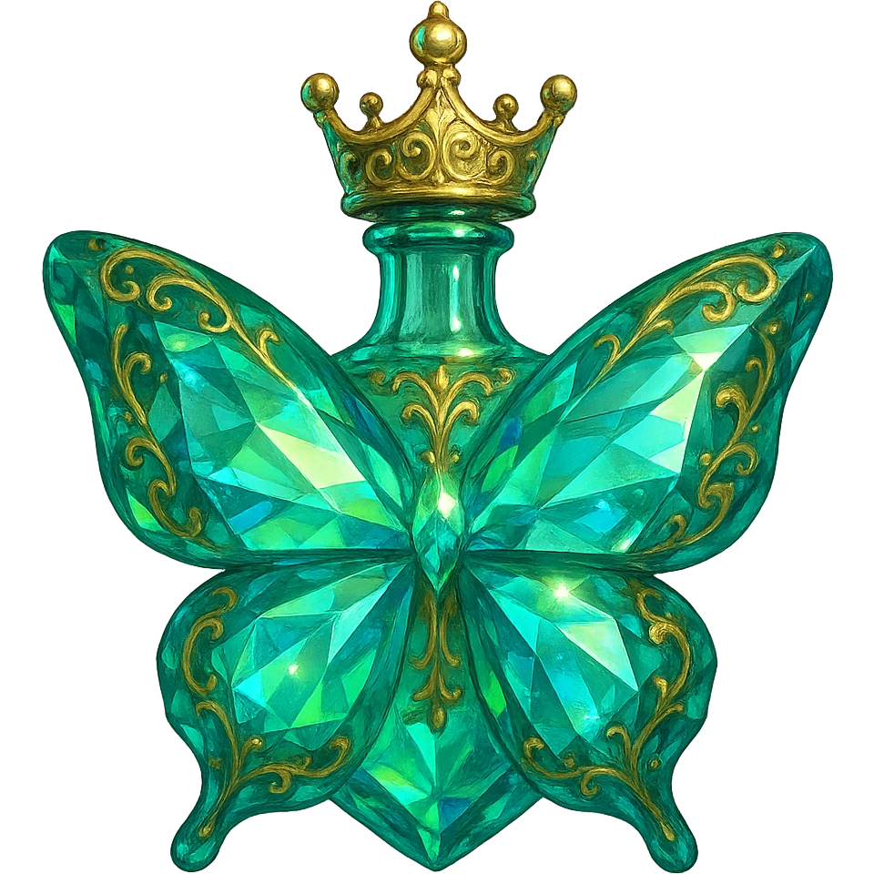 very close to original: crystal elegant butterfly-shaped bottle with short neck, princess crown, green and blue colors, many glowing facets, ornaments, golden details, transparent background, bottle clearly floating in air with no base or shadow emoji