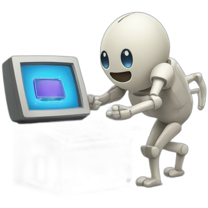 Anthropomorphic computer with arms and legs doing something random emoji