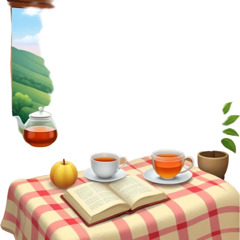 Small self-care objects: cup of tea, journal, fresh fruits, soft blanket, nature window view, gentle sunlight, pastel and warm tones, calm and mindful atmosphere, digital art  emoji