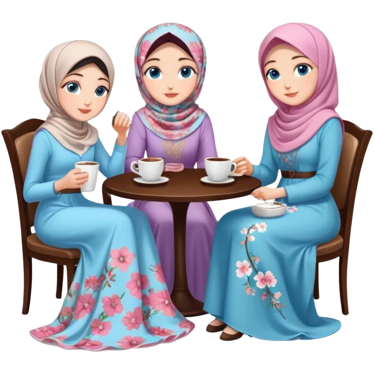 Turkish beautiful finish Konya girls blue eyes with Beautiful blossom floral hijab long tail dress and the two friends in a white lovely coffeehouse sits on the chair on the ground and holds cup coffe with her hand  emoji