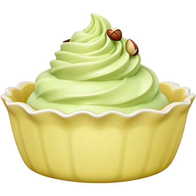 Pistachio gelato in a scalloped-edged light yellow ceramic dish emoji