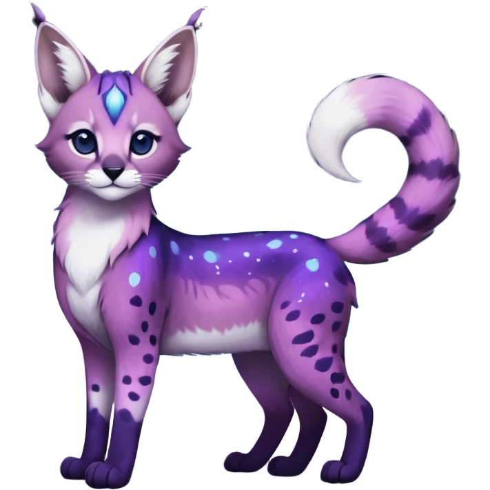 Colorful black-violet-indigo-purple-gradients nebulae nebula starry galactical shiny white-stars-spotted glorious iridescent divine exotic cute cool beautiful realistic caracal-genet-sergal-vernid-Cacomistle-Trico-oncilla-animal-Fakémon-hybrid-fursona (full body) emoji