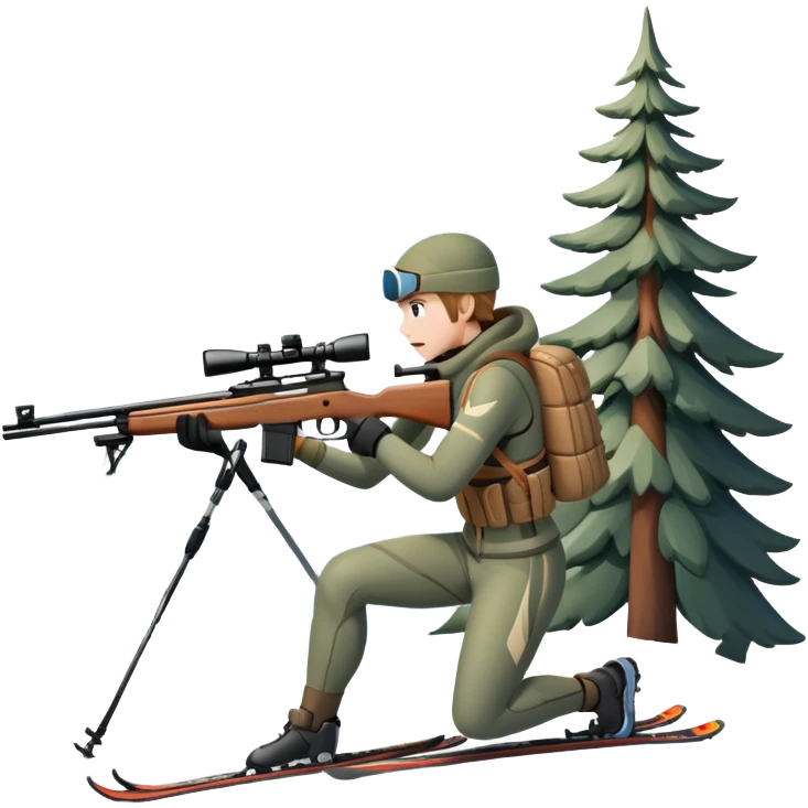 An icon showing a snowy landscape with pine trees, mountains, and a clear sky with a biathlete aiming a rifle in the foreground, wearing winter gear and skis. Transparent background emphasizes the precision, endurance, and beauty of this winter sport. emoji