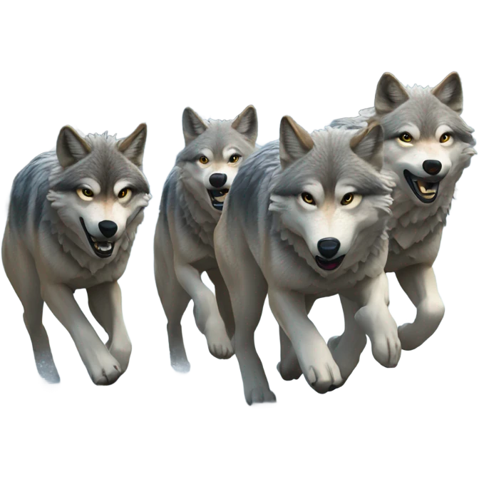 A pack of wolves running through a snowy forest. emoji
