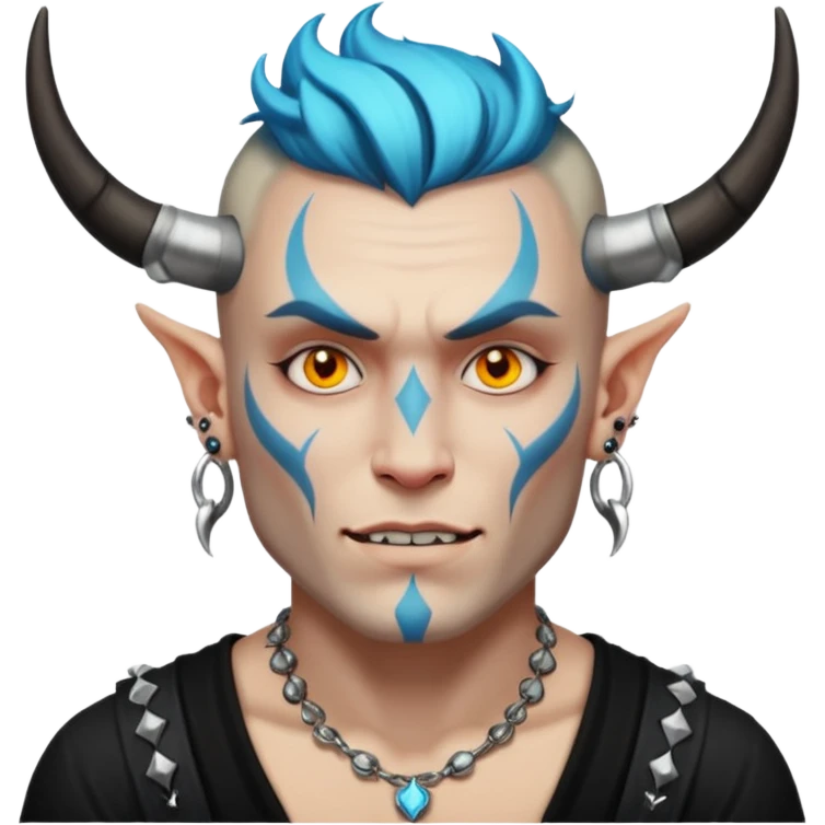 white skin Rock-style man — piercings, glowing tattoos on face, black horns emoji
