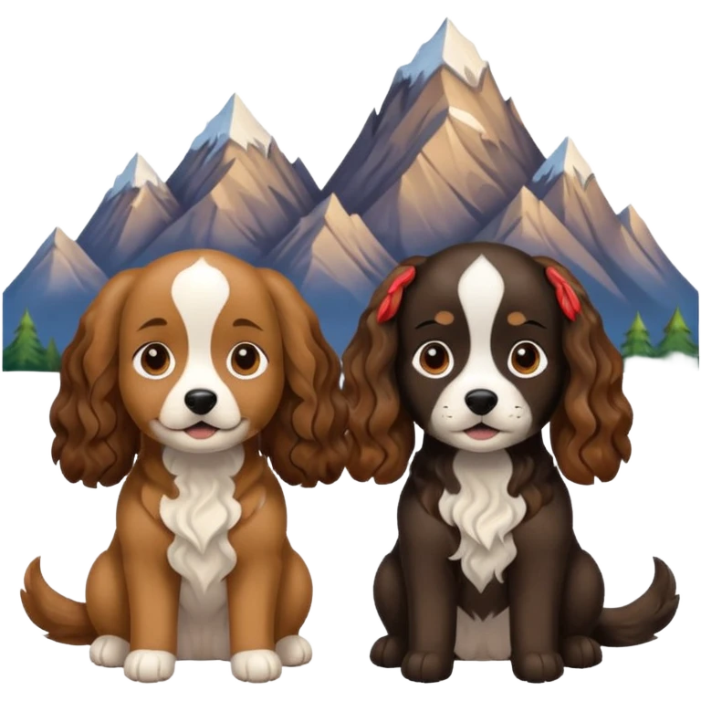 two dogs with wavy hair, one black and brown, one shades of brown with mountains emoji