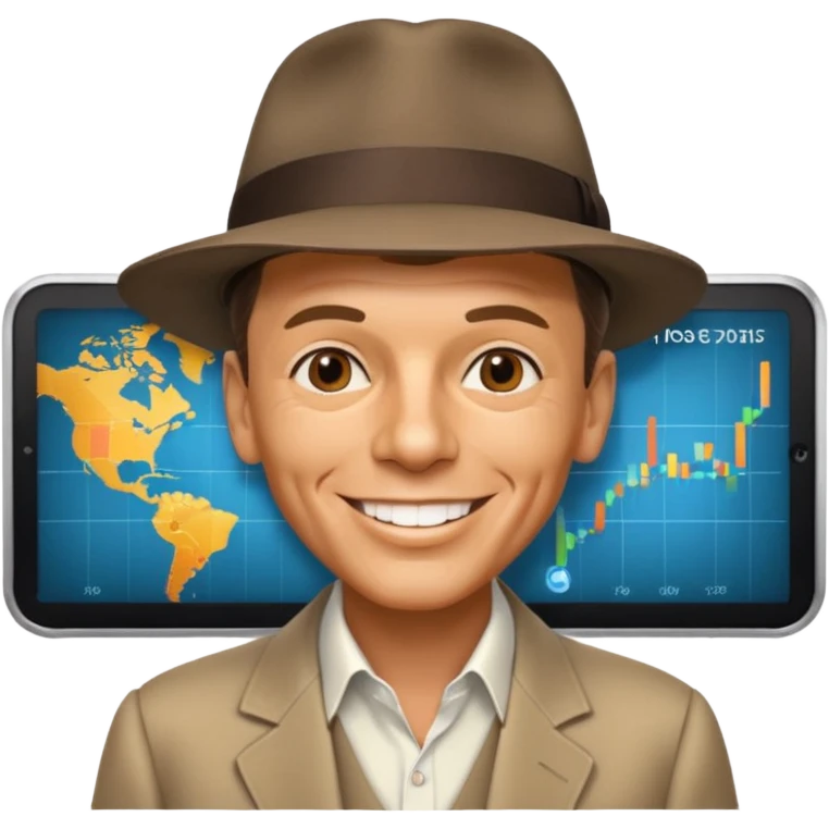 Frank Sinatra with the hat on, smiling and showing data analytics on a screen in the background emoji