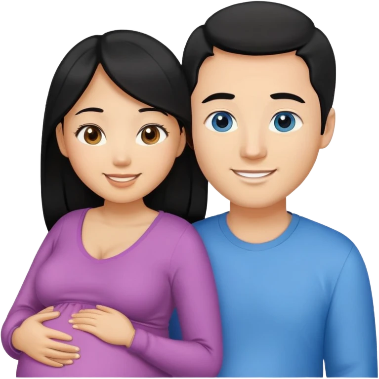 Black hair Asian girl with brown eyes pregnant and blonde white guy with blue eyes couple  emoji