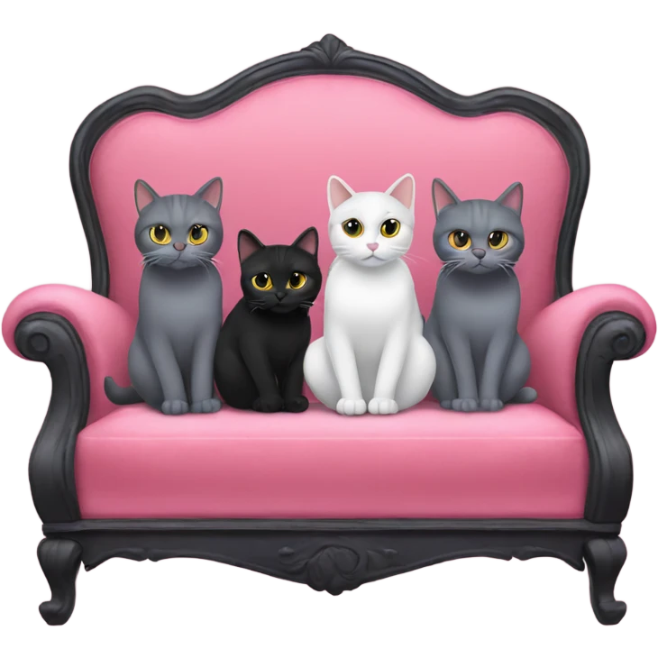 2gray cats and 1 black cat sitting on a pink velvet sofa emoji