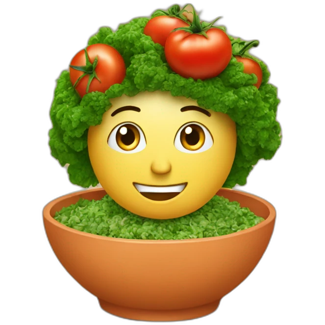 A taboulehh in a bowl with a tomato on top emoji