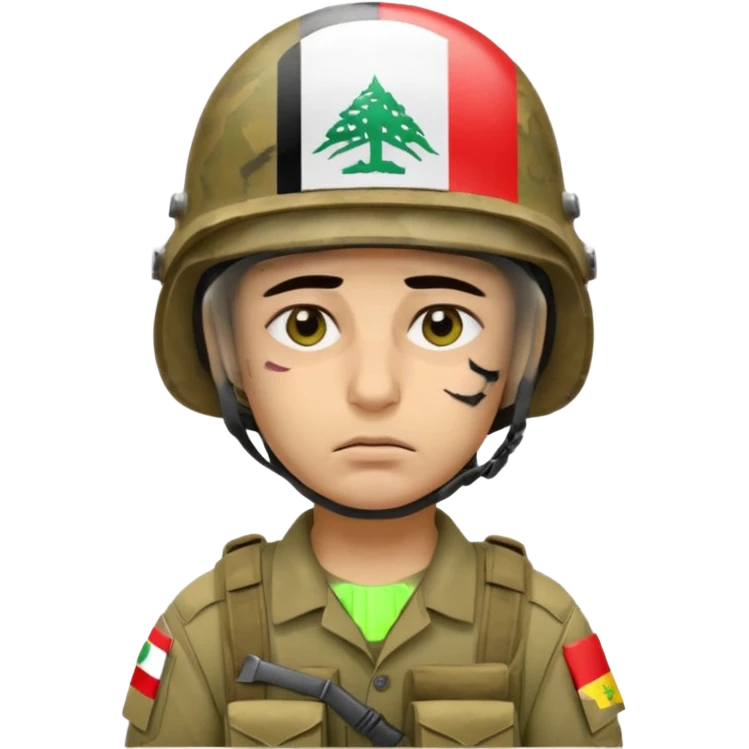 Tired Iraqi soldier wearing helmet with Iraqi flag, sad expression, half open eyes and bags under eyes, reflecting fatigue and pain emoji