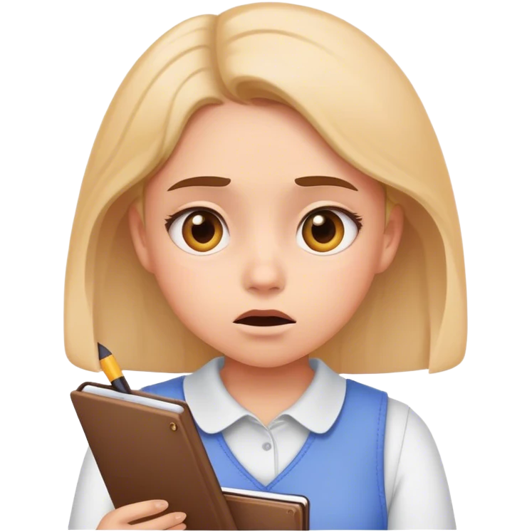 muslim girl writing in notebook with difficulty, with confusion, emoji question emoji