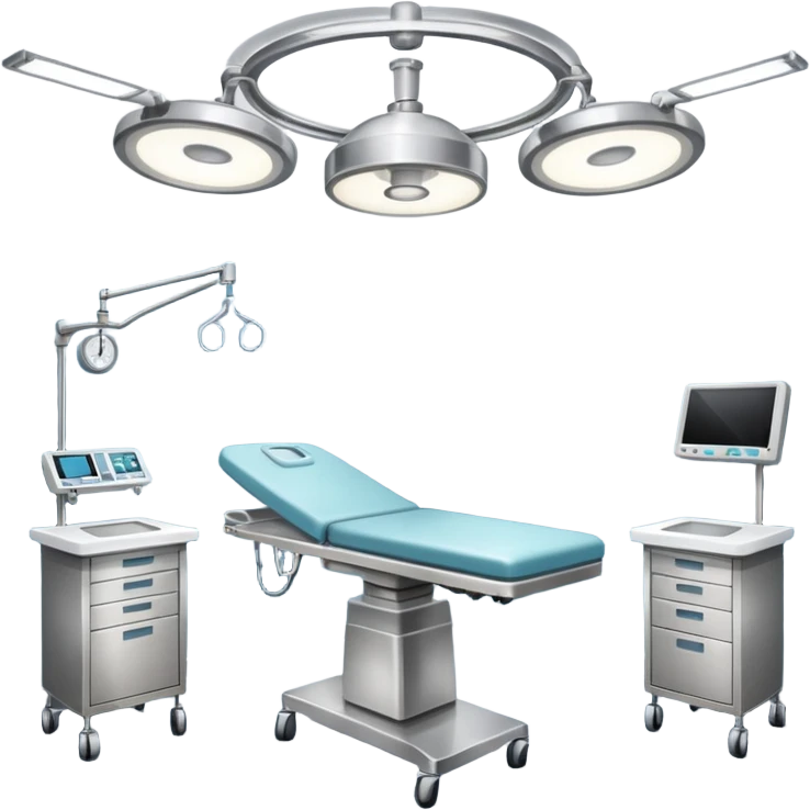 A surgical room setup with overhead lights and sterile instrument table.
 emoji