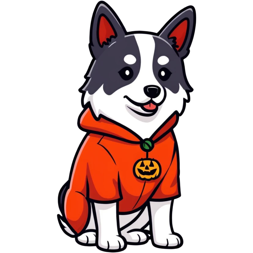 Dog wearing a red Halloween  emoji